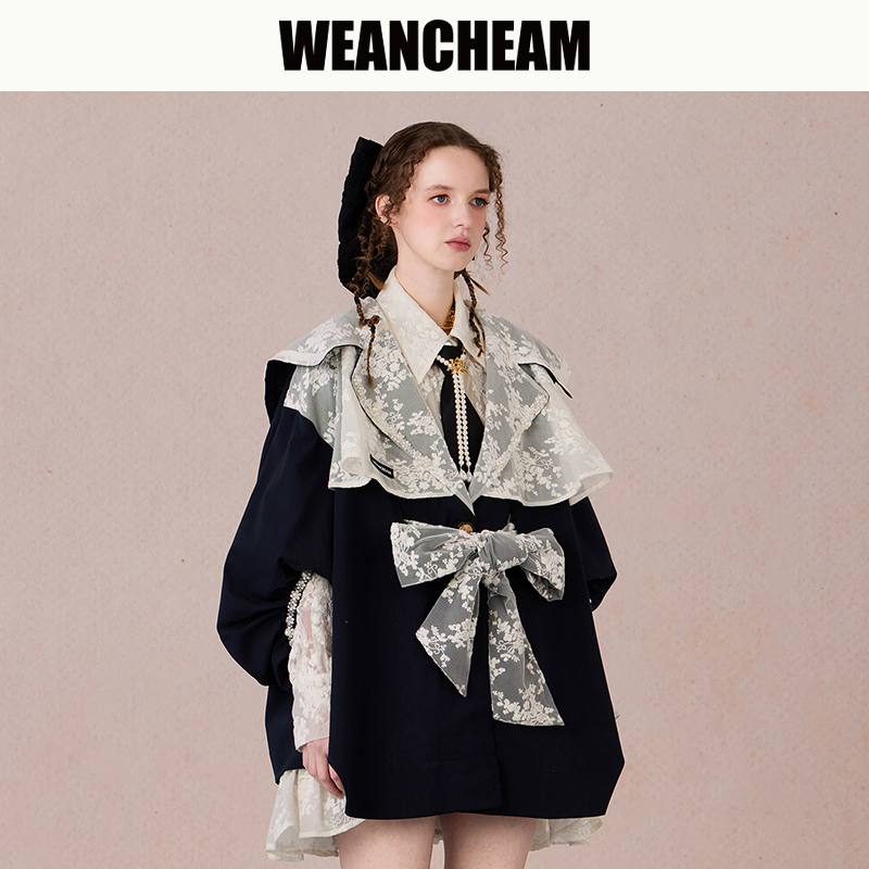 WEANCHEAM未未姆魔法学院欧若风海军领雪纺拼接穿搭好物W15CXT024