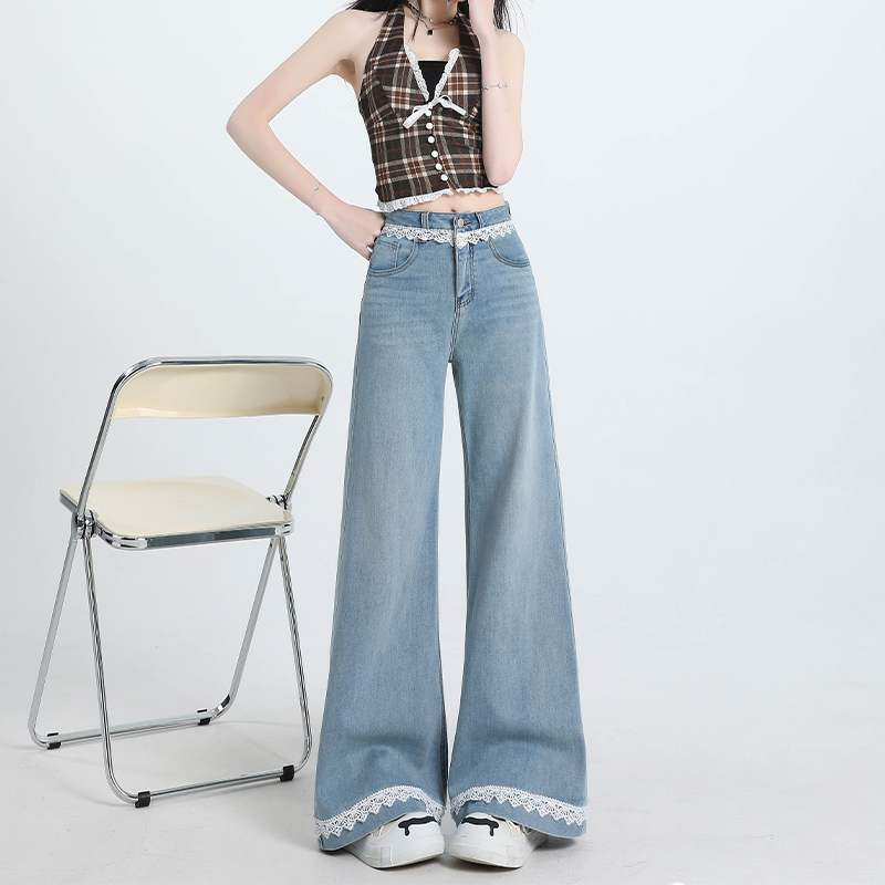 蕾丝拼接微喇牛仔裤女夏季2025新款温柔气质垂感高腰阔腿拖地裤子