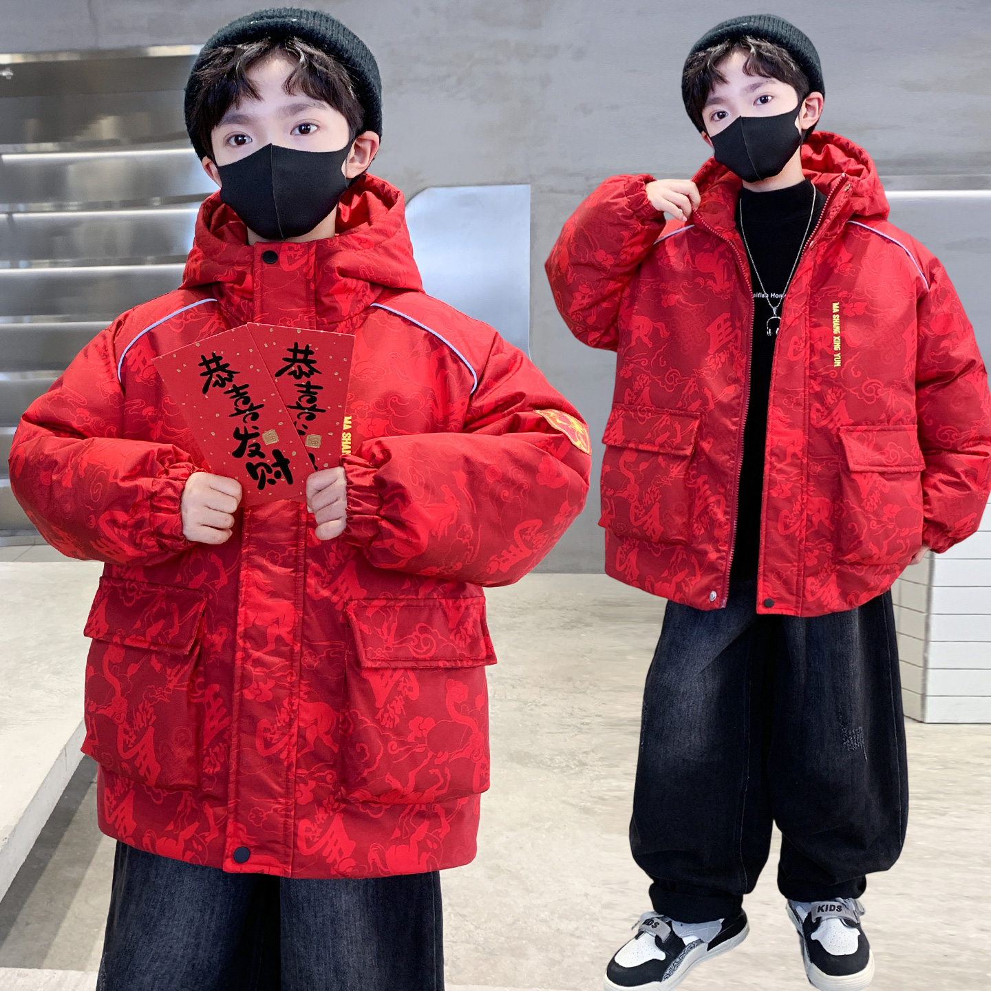 男童外套冬季中大童加厚保暖国潮元素连帽儿童棉衣年服潮款