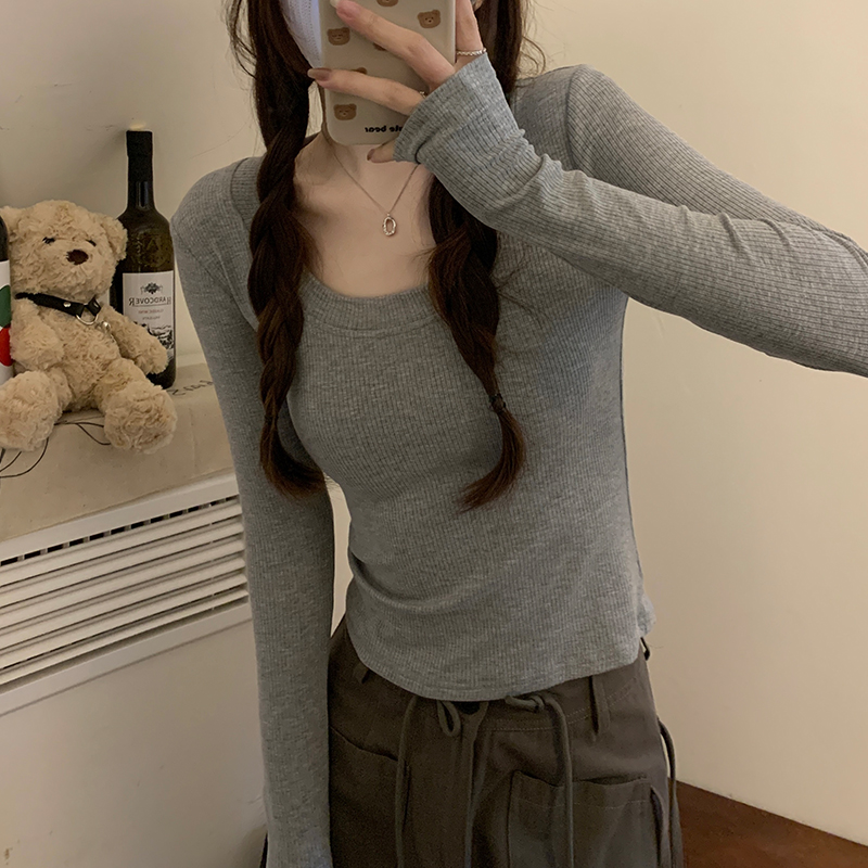 低u领长袖t恤2025秋冬季女流行新款内搭打底衫修身白色显瘦小上衣