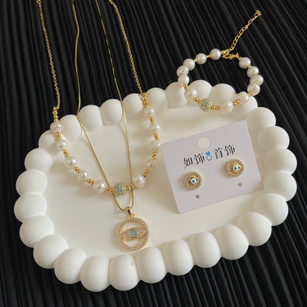 钛钢仿珍珠项链 如饰 圆圈蓝色双层叠戴链三件套饰品优雅轻奢简约