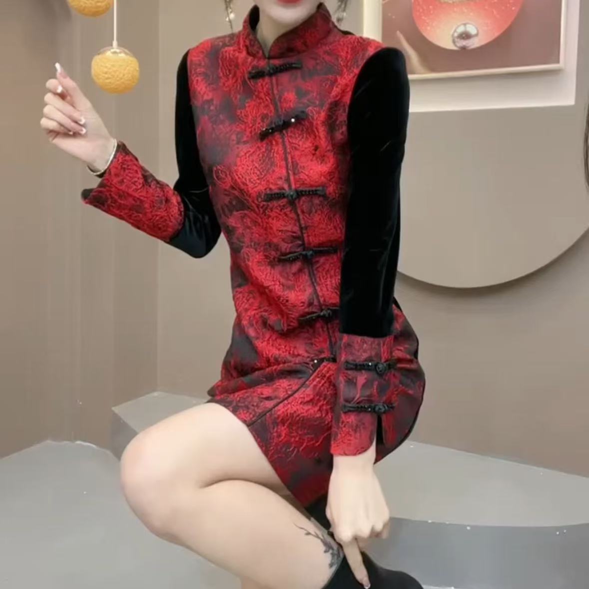 网红复古唐装中式中国风ins女装显瘦长袖时尚女士红色修身民族风