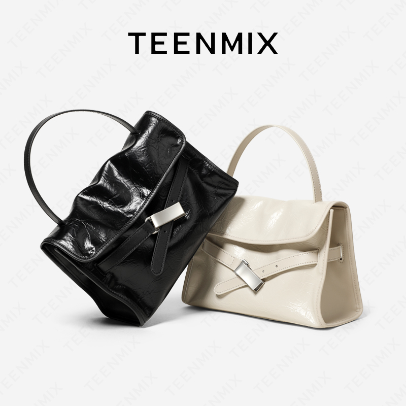 天美意女包2025新款流光风褶皱牛皮托特包设计师款斜挎手提公文包