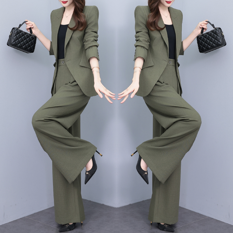 绿色高端轻奢西装三件套女2025秋季新款高腰阔腿裤气质时尚两件套