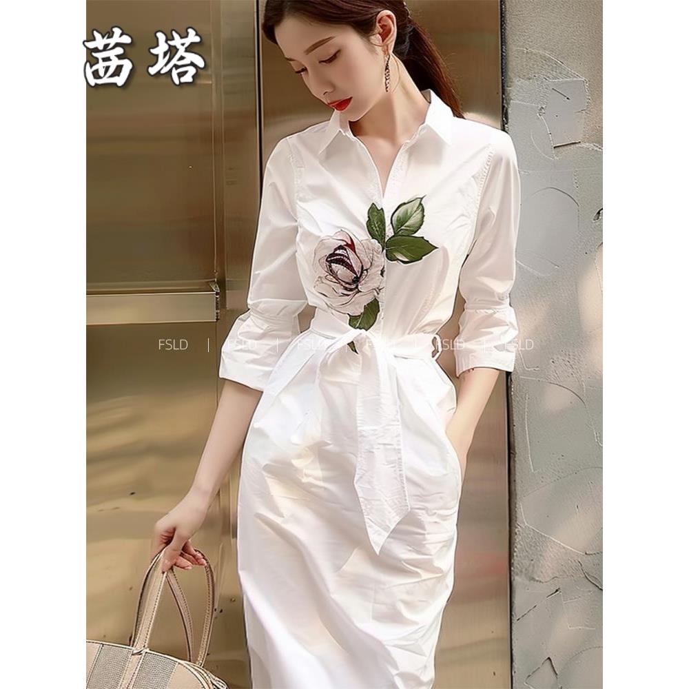 小个子显高冷淡风白色印花衬衫连衣裙子女2025新款夏季轻奢高级感