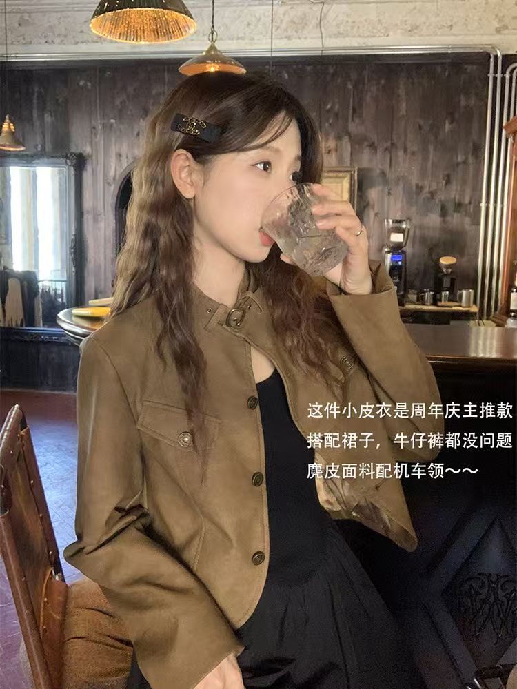 美拉德2024早秋新款潮牌美式复古外套女简约高腰短款上衣女外套PU