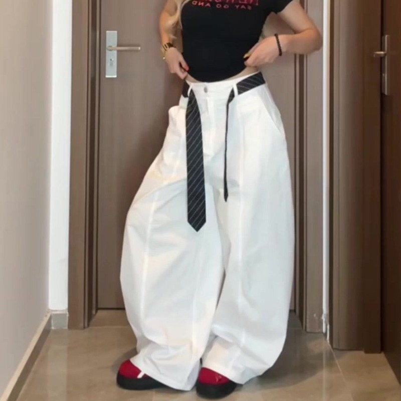 气质领带设计感弯刀阔腿裤女2025年早秋新款白色宽松时尚休闲裤