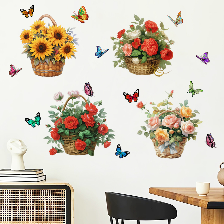 向日葵蝴蝶贴纸装饰墙面玫瑰花篮自贴画装饰品客厅墙贴纸自粘墙面