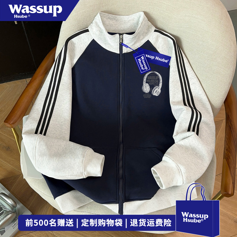 WASSUP HSUBE欧美式创意耳机印花开衫卫衣男女秋冬休闲风立领外套