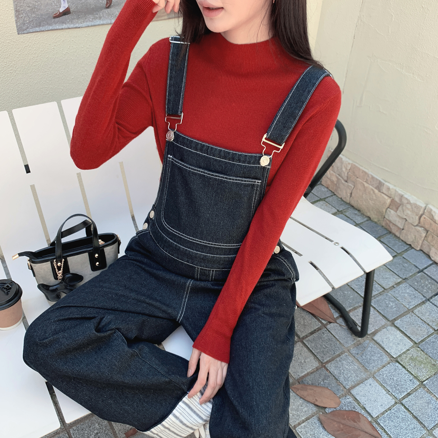 娜拉自制孕妇美式复古黑灰色牛仔背带裤秋季慵懒宽松时尚阔腿裤子