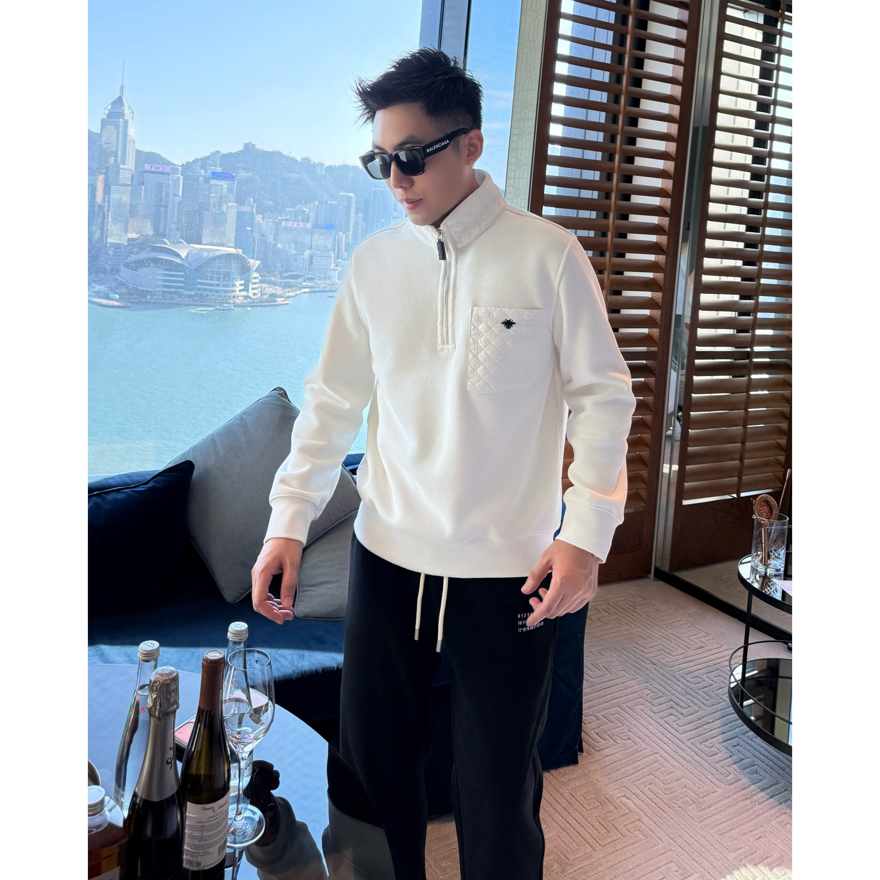 【半拉链蜜蜂】羊毛混纺菱格压花男士加绒加厚保暖长袖秋冬卫衣上衣