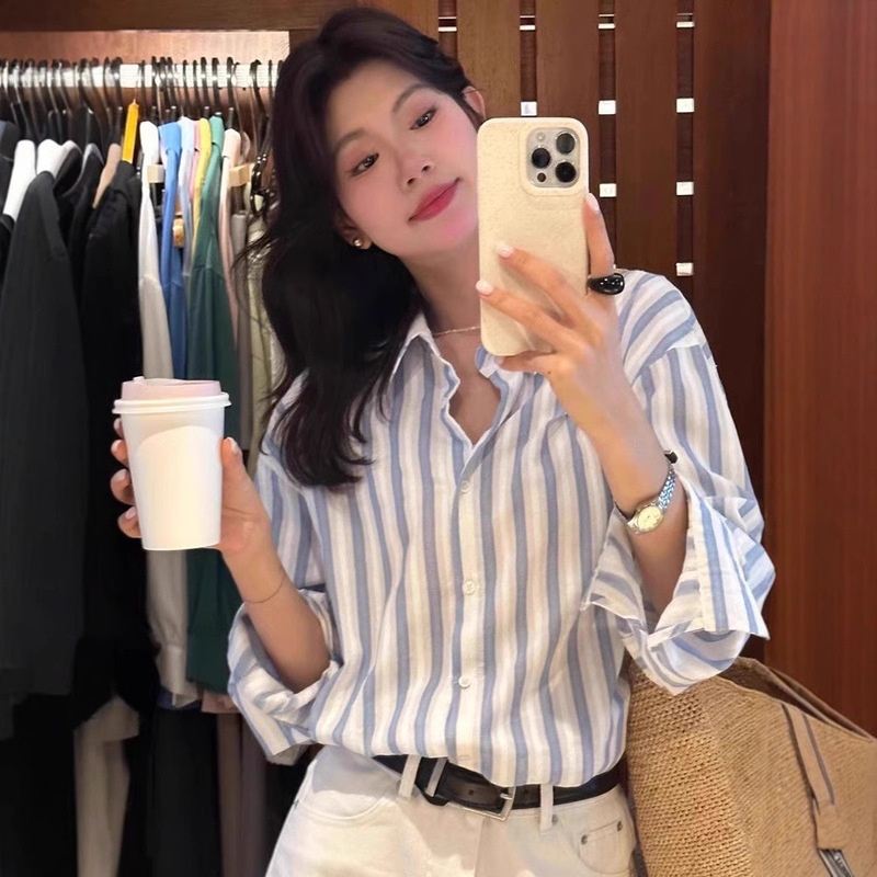 清爽又韩系 2025春夏新款时尚百搭显瘦休闲白兰条纹衬衫女