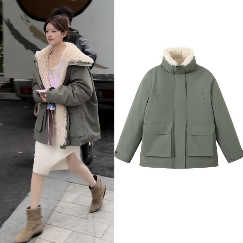 1赵露思同款军绿色毛毛冲锋衣外套女派克服毛毛棉服女