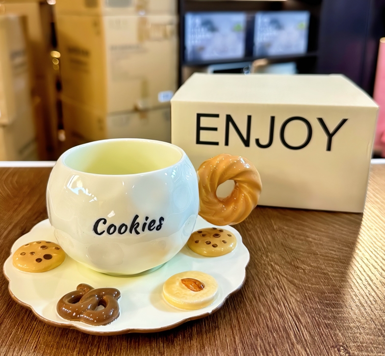 320ml曲奇饼干套装拉花礼物创意高颜值下午茶杯子早餐杯陶瓷喝水