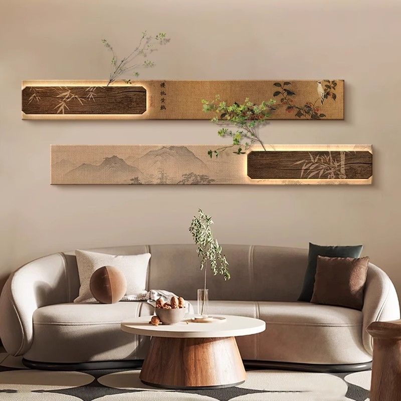 宋代美学客厅挂画新中式沙发背景墙装饰画高级感茶室氛围布置壁灯