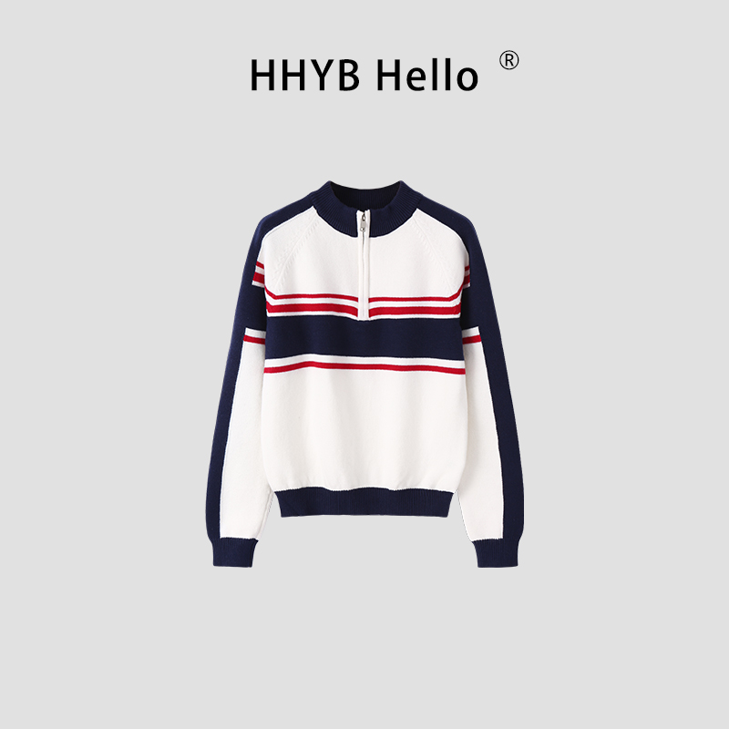 HHYB Hello2025韩系新款复古撞色拼接条纹半拉链针织毛衣M1383