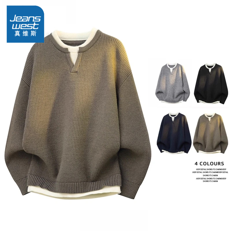 真维斯假两件毛衣男士秋冬季新款加绒针织衫老钱风休闲百搭打底衫