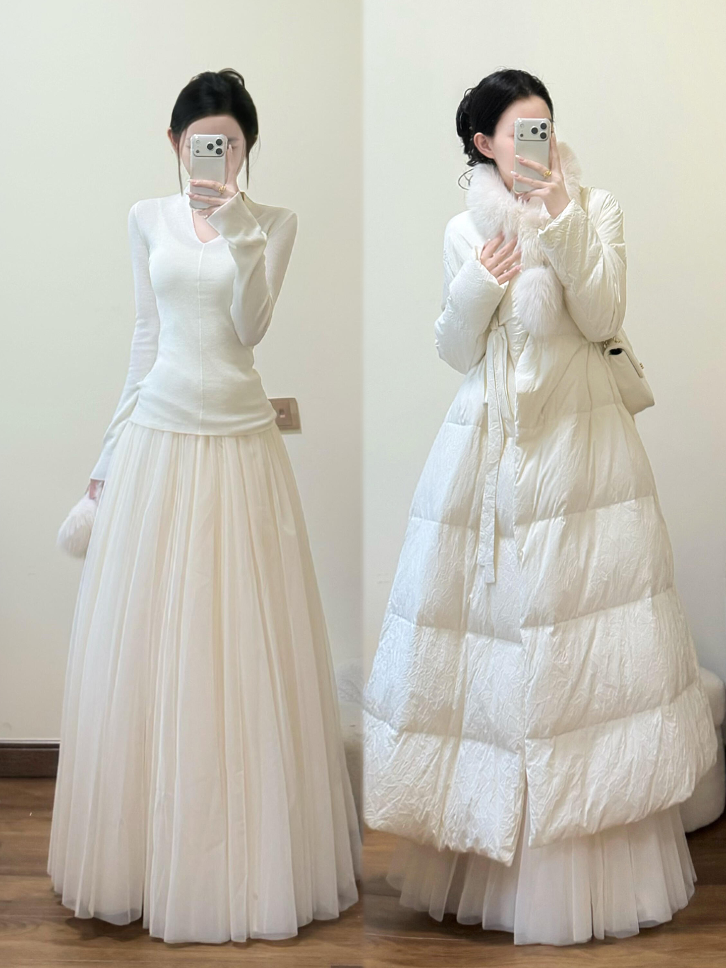 巨好看冬装韩风chic一整套毛领气质保暖棉服外套打底衫网纱裙套装