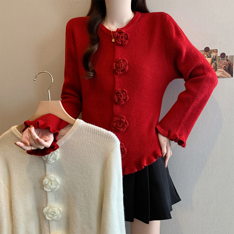 2025冬季新款大码女装时尚设计感立体花朵木耳边针织开衫外套