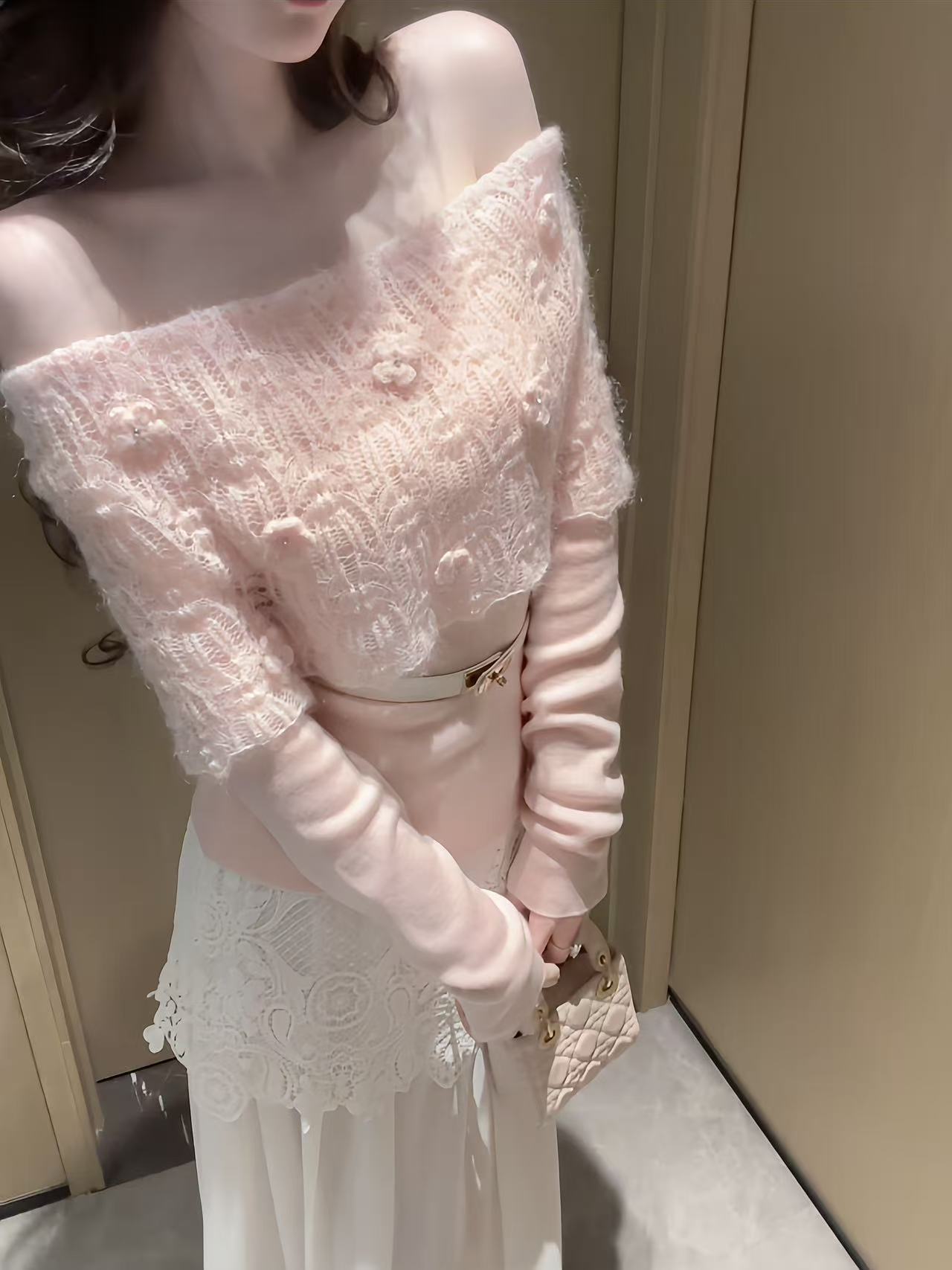 【广岛之恋】进口马海毛绵羊毛假两件一字肩针织上衣DYDD-25070019