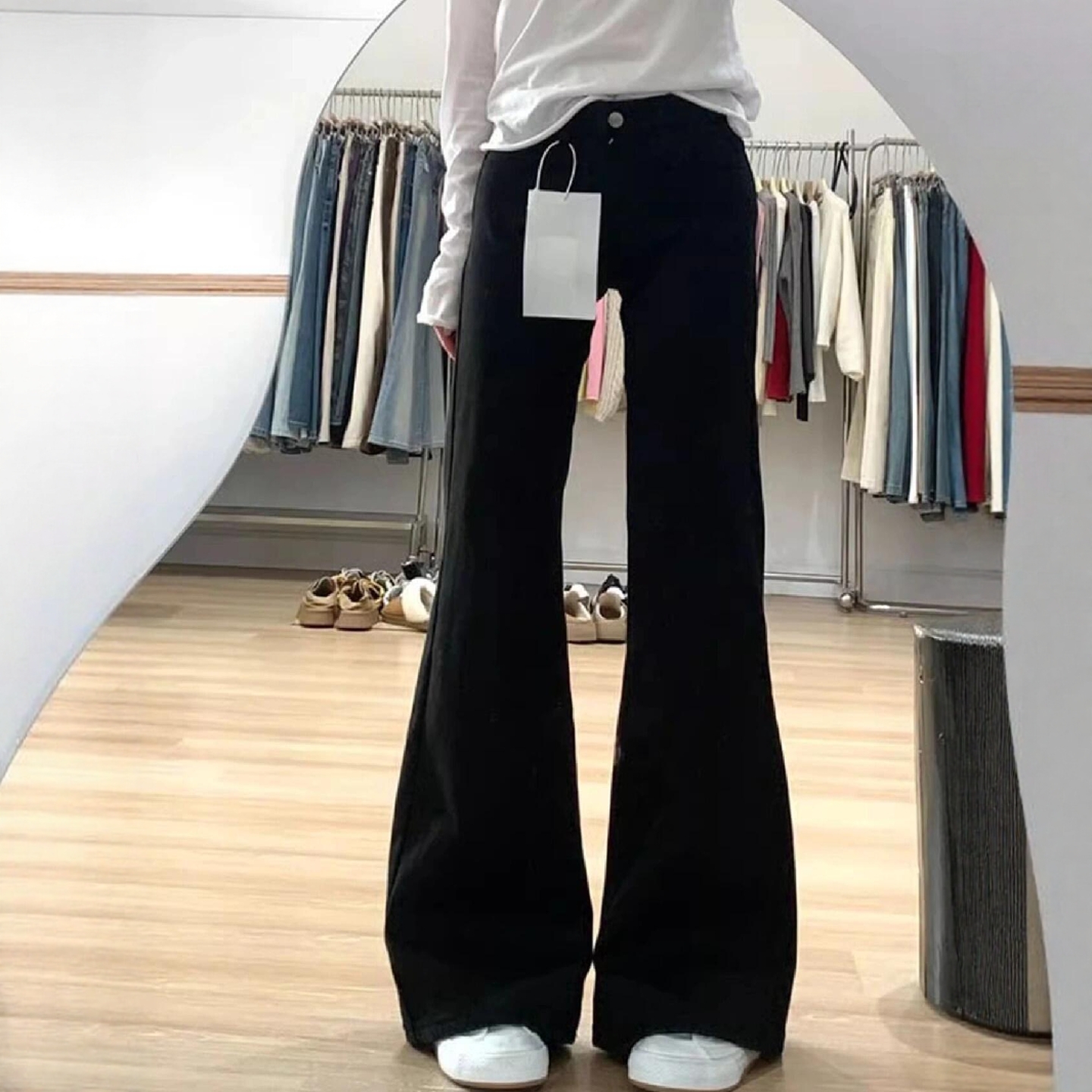 黑色不贴腿微喇牛仔裤女夏季新款大码胖mm高腰显瘦遮胯弹力喇叭裤