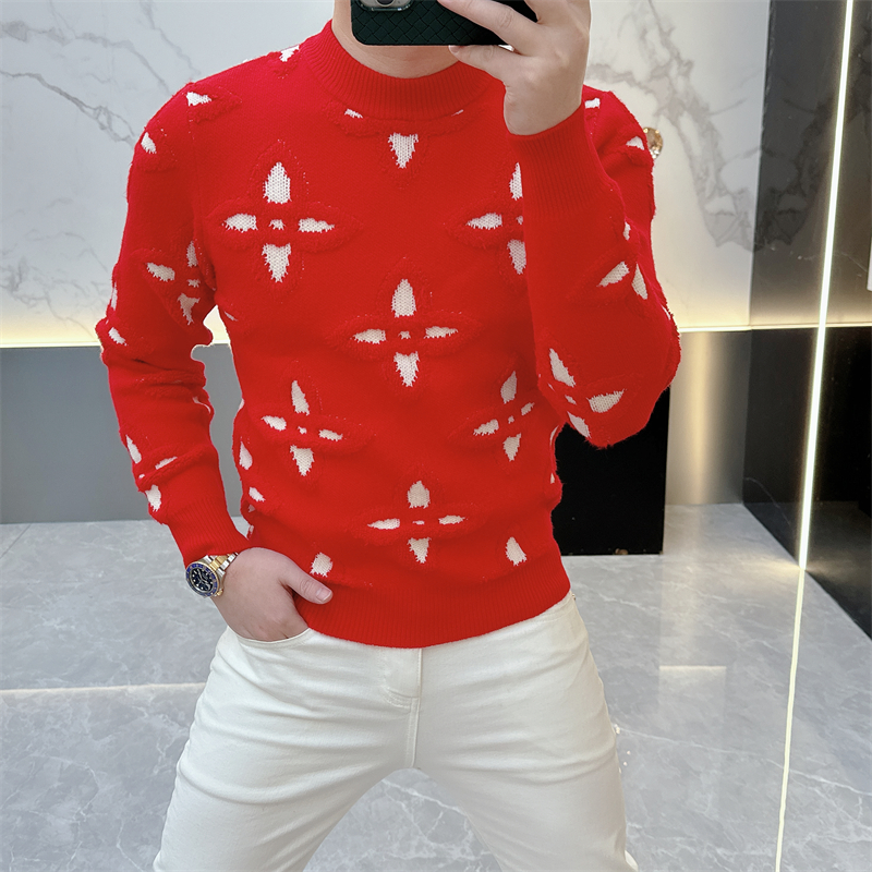 2025秋冬针织衫男轻奢新品时尚圆领印花毛衣本命红修身打底衫5133