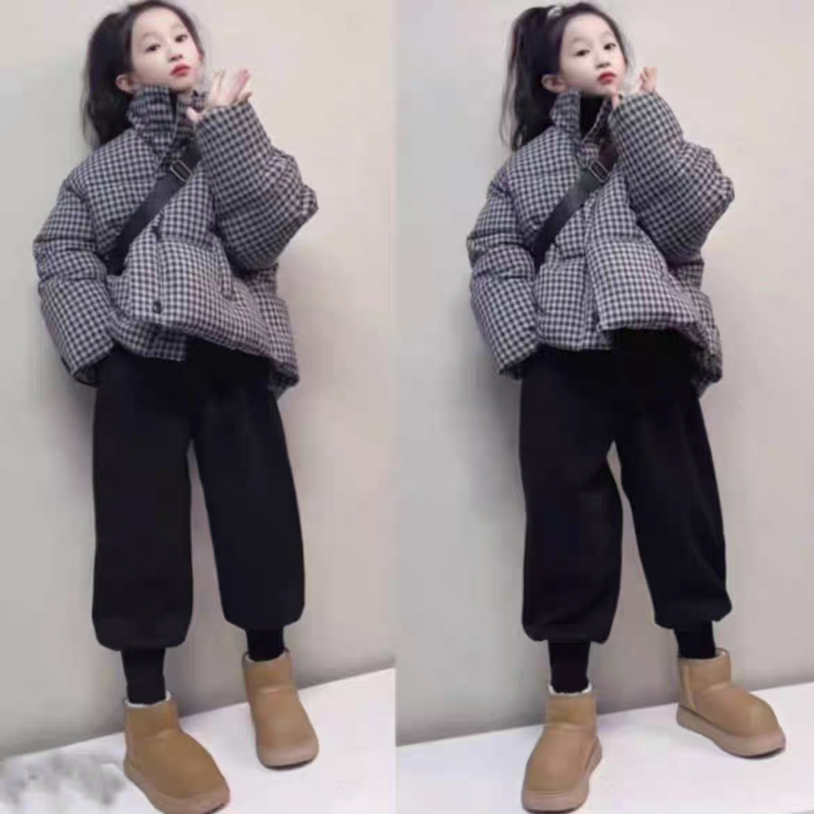 女童冬装加厚棉服套装2025新款韩系时髦中大童格子棉衣加绒哈伦裤