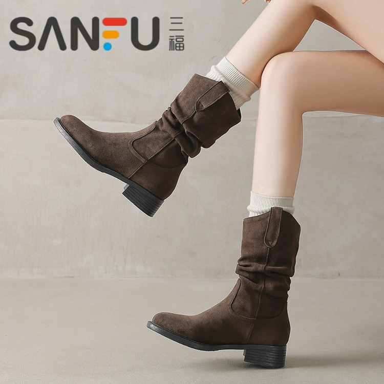 三福真皮马丁靴小个子增高靴子女2025新款秋季高跟中筒短靴堆堆靴