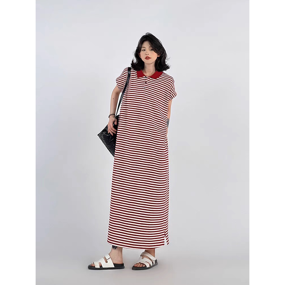 条纹polo领直筒短袖连衣裙女夏季韩系慵懒风宽松休闲长裙显瘦长裙
