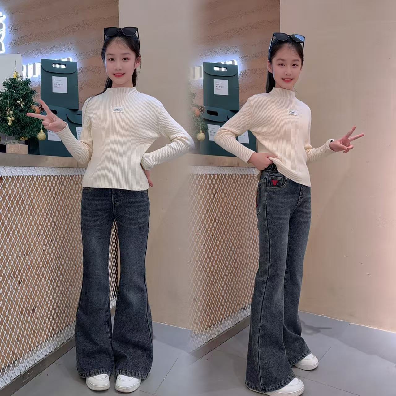 女童加绒喇叭裤套装儿童百搭针织毛衣弹力修身加绒牛仔喇叭裤套装