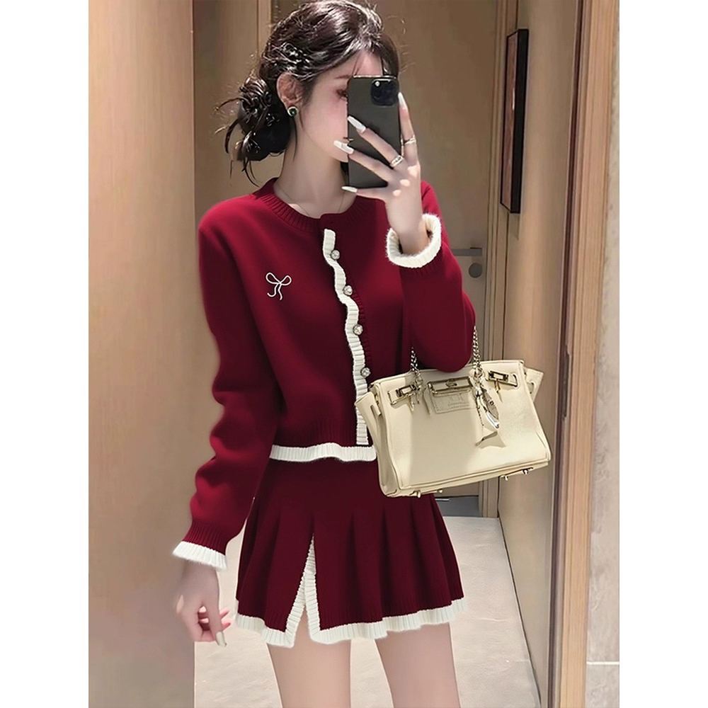 小香风红色套装女2025新款秋冬穿搭巨好看的针织上衣半身裙两件套