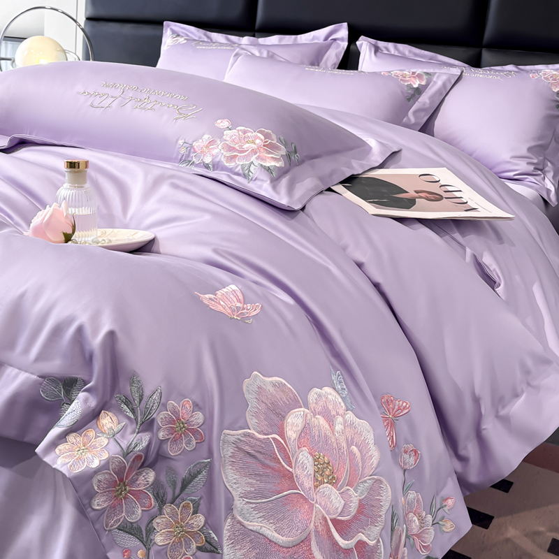 水星奢华高级感全棉四件套长绒棉花卉刺绣款被套江苏南通四件套