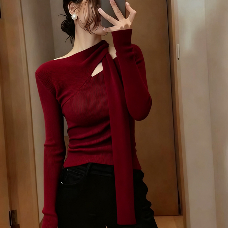 Y77法式镂空飘带针织衫女红色毛衣2026秋冬本命新年圣诞上衣打底