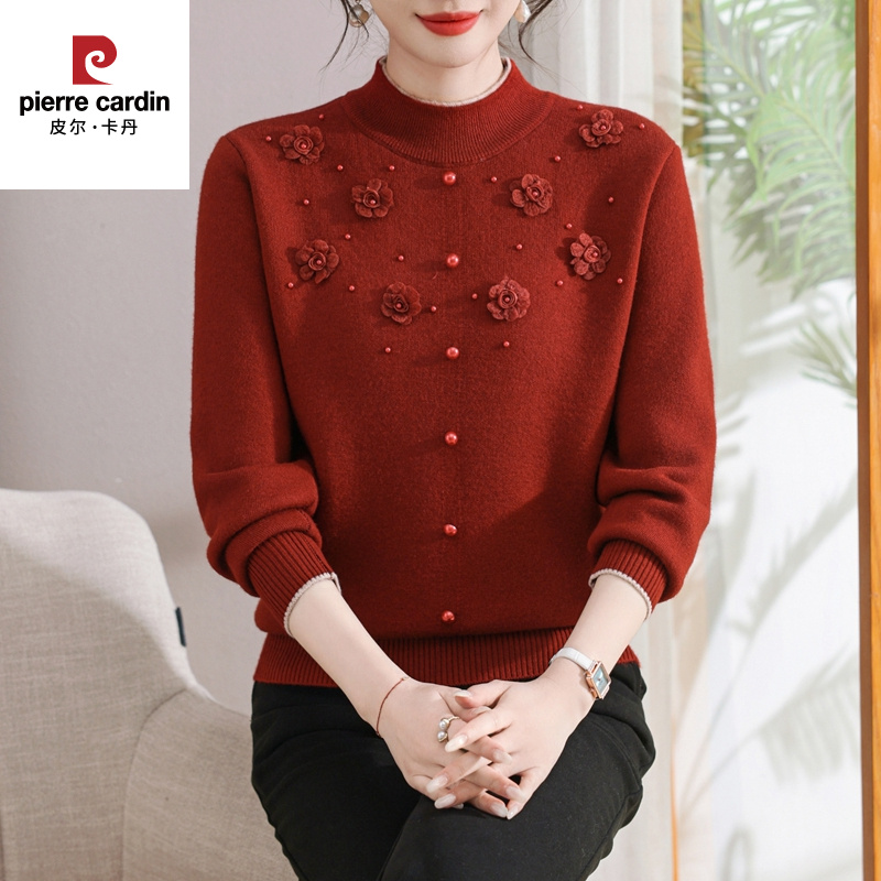 皮尔卡丹加绒加厚妈妈装冬装拼接针织衫上衣中老年女装毛衣打底衫