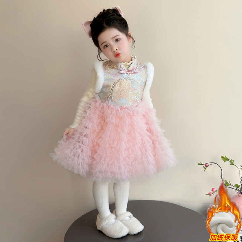女童新中式加绒后背蝴蝶结蛋糕裙套装冬季2025新款女孩洋气年服裙