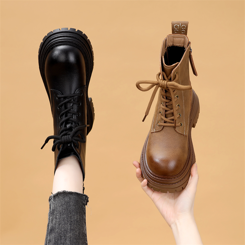 欧货厚底马丁靴女2025冬季新款时尚英伦风加绒增高好看后拉链短靴