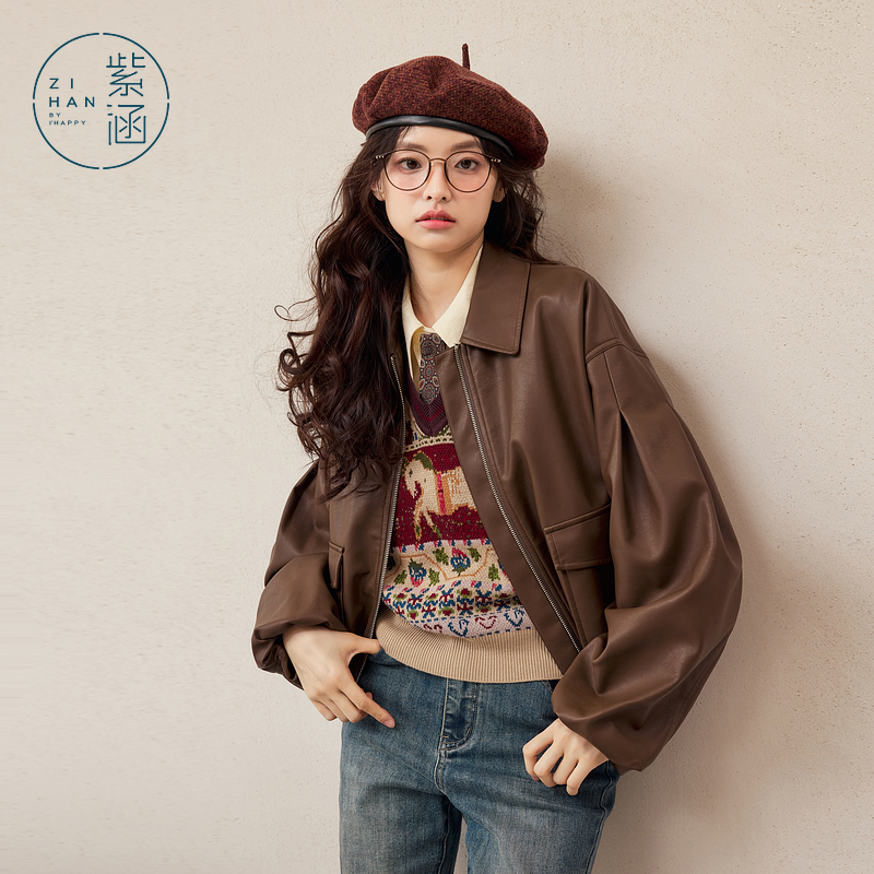 流光风 紫涵短款皮衣外套秋季美拉德翻领PU皮夹克上衣Z4Z07BS216