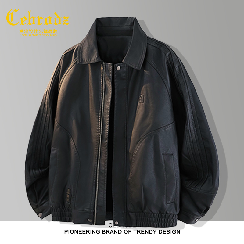 法国Cebrodz高街皮夹克男士痞帅加绒加厚保暖机车皮衣外套秋冬男