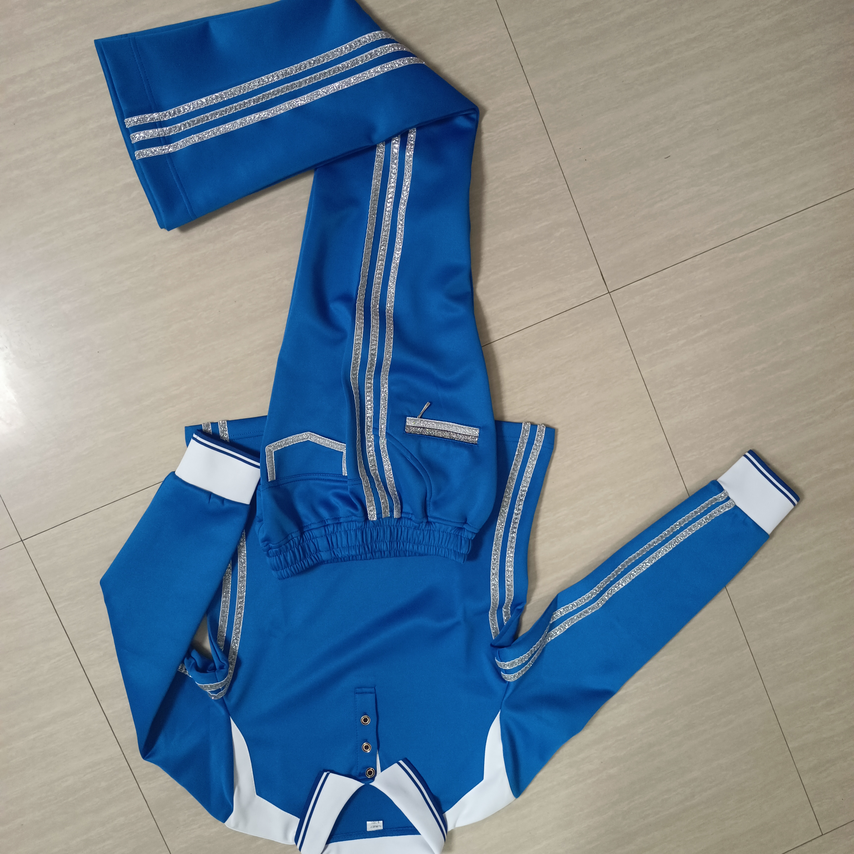 佳木斯源头工厂蓝色金条长袖南韩丝春秋款健身操户外锻炼运动套装