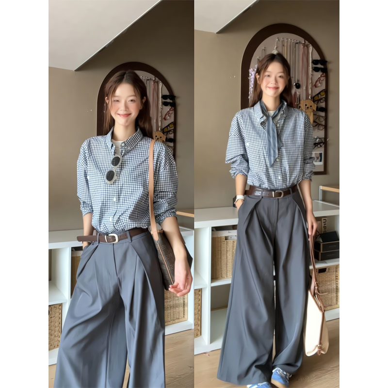 格子长袖衬衫宽松慵懒风韩系穿搭上衣西装裤褶皱直筒休闲阔腿长裤