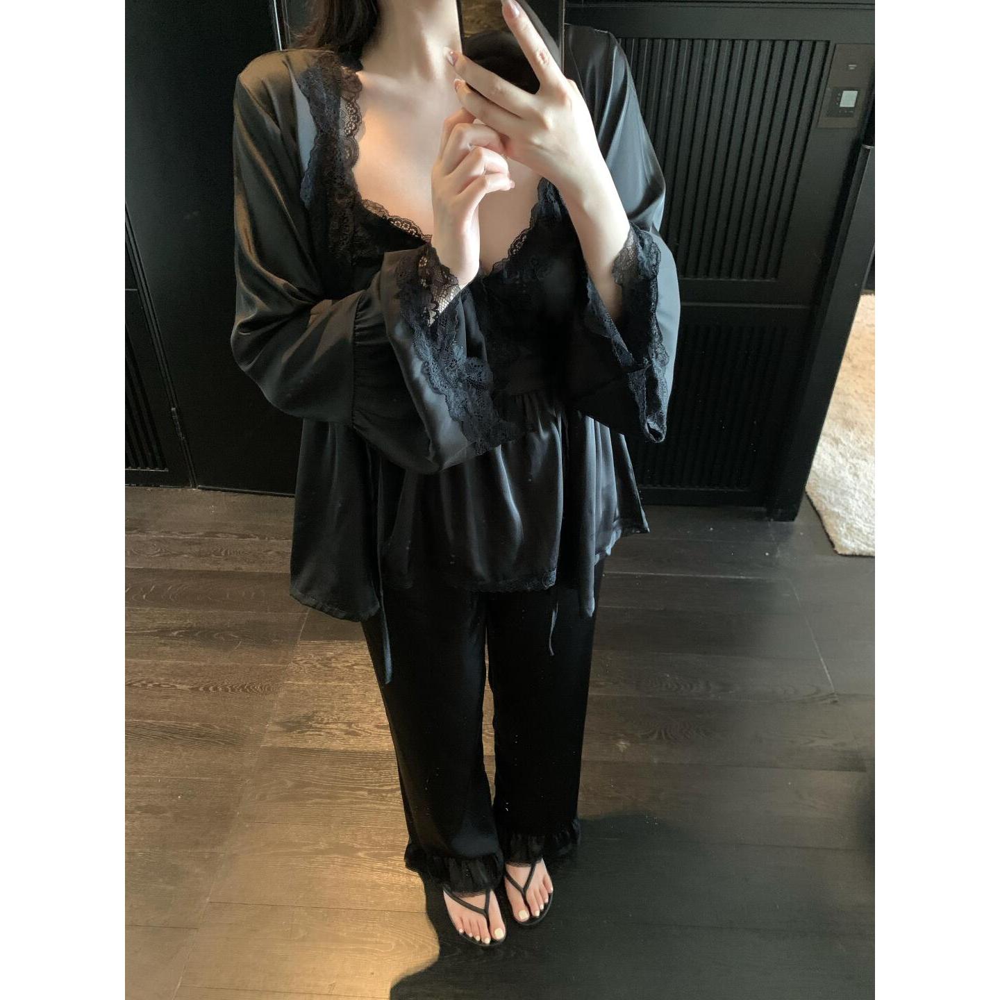 法式纯欲风蕾丝边V领冰丝睡衣女春秋季2025新款家居服大码三件套