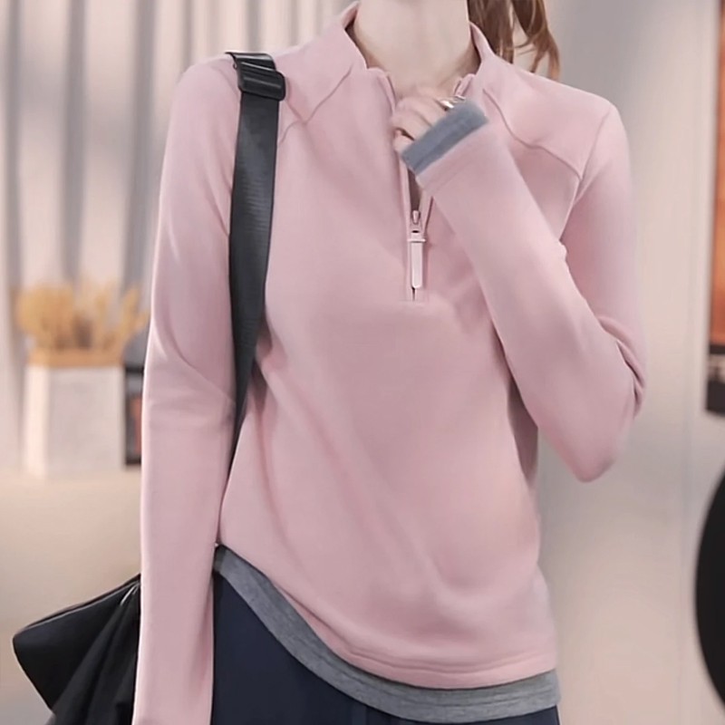 欧货德绒磨毛半拉链撞色拼接假两件长袖打底衫女磨毛百搭上衣体恤