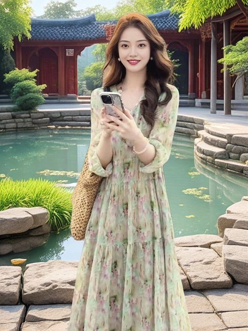 绿色V领碎花五分袖连衣裙夏季女装清冷贵气的法式轻奢复古感裙子