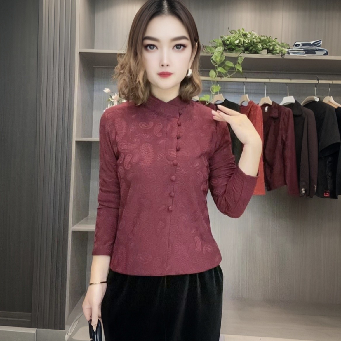 立领提花长袖显瘦新中式复古百搭妈妈装打底衫