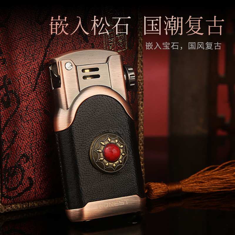 百诚卧龙老式复古煤油带安全锁打火机弹射点火贴皮潮流镶嵌送礼