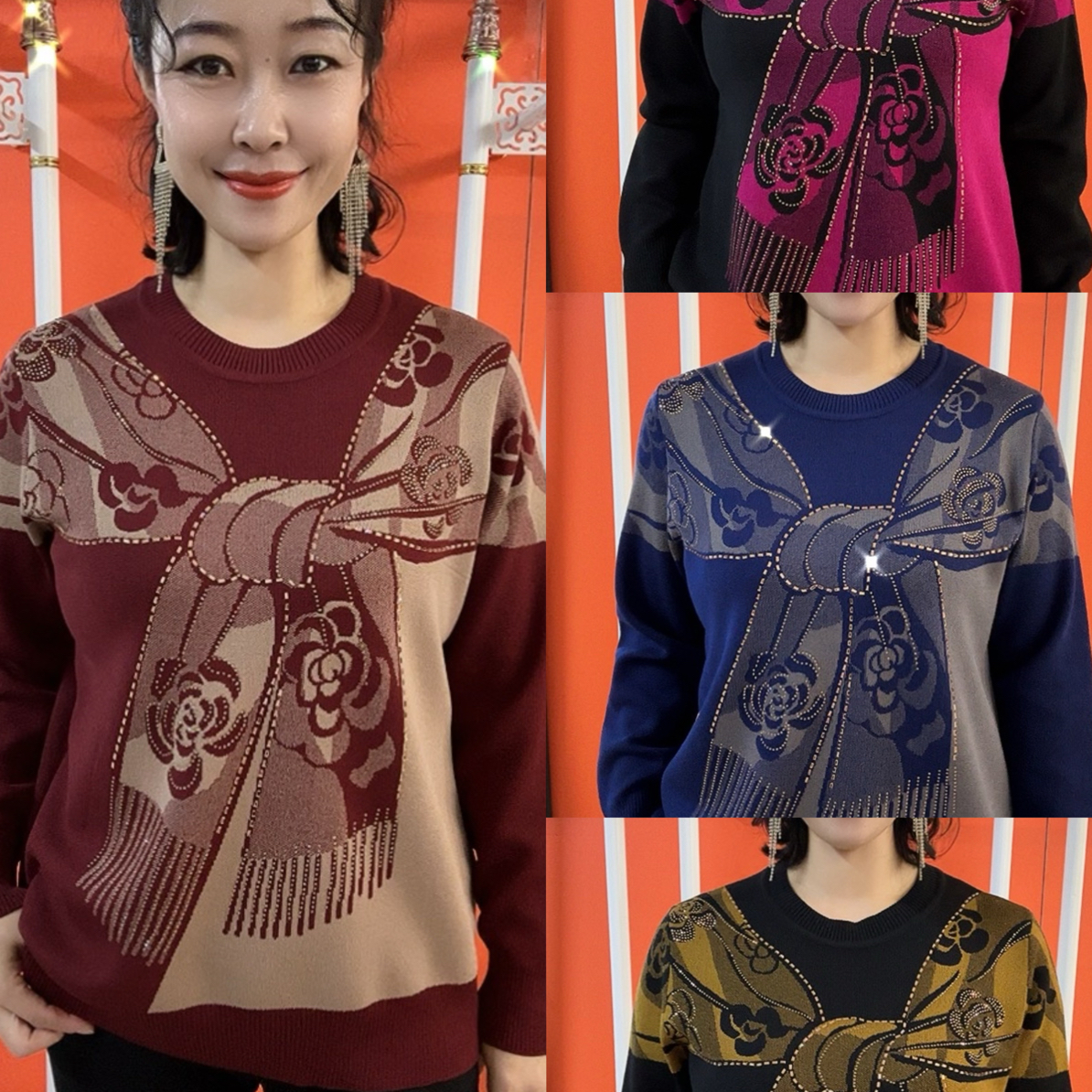 时尚洋气圆领围巾花焦麻妈妈衫