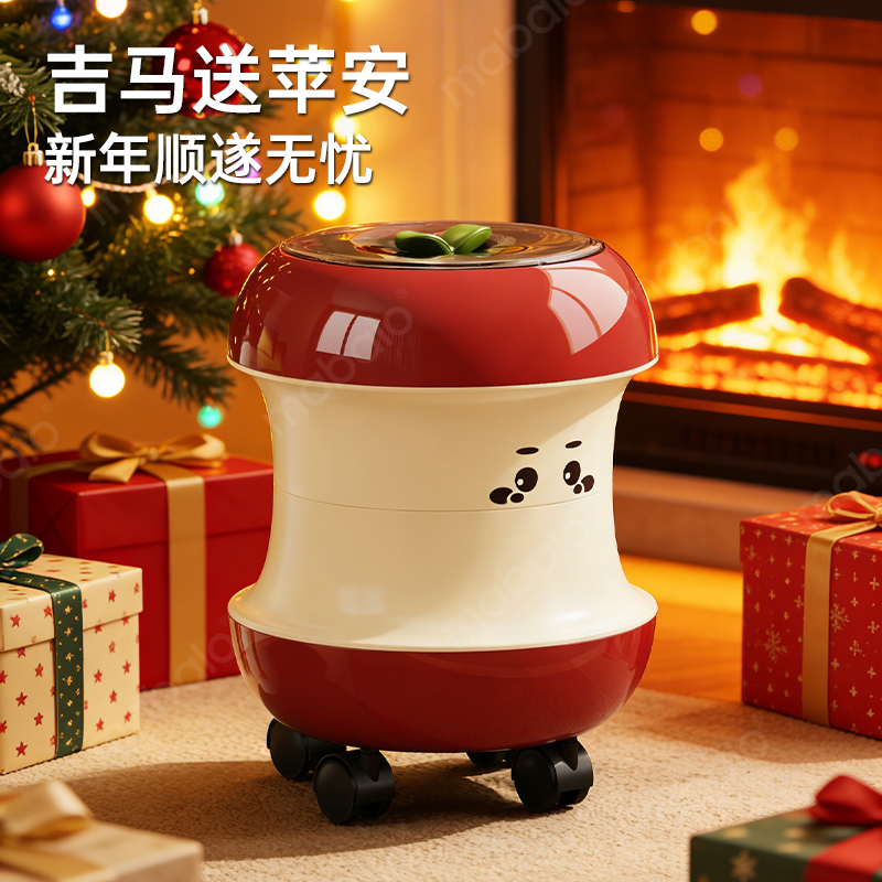 【圣诞苹果垃圾桶】超萌可爱风垃圾桶弹压开盖带轮可移动2026年新款