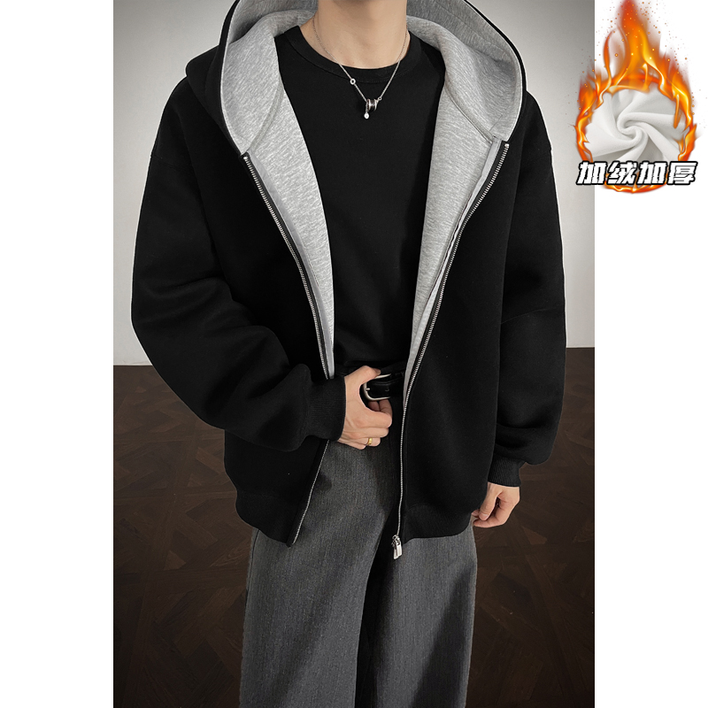 双拉链开衫卫衣男款春秋高级感廓形美式高街重磅硬挺潮牌连帽外套