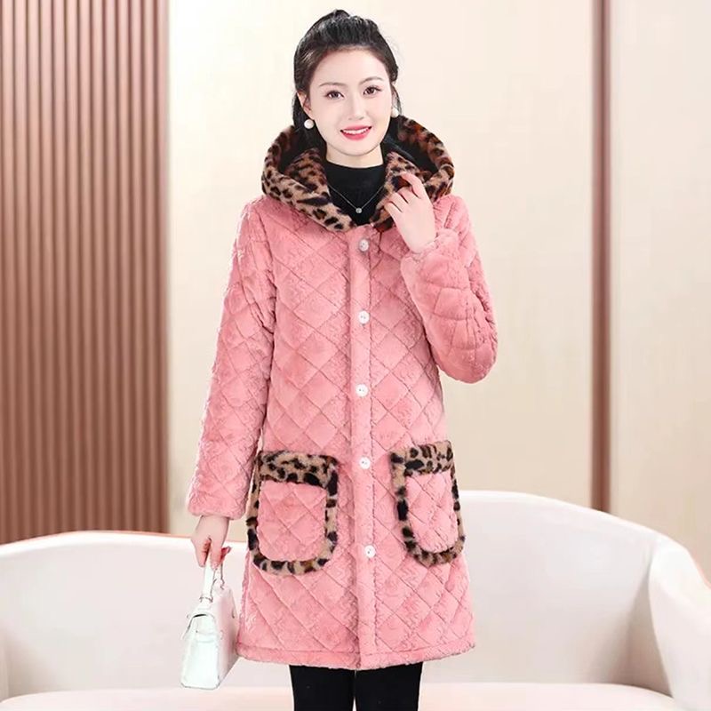 新款时尚豹纹加绒加厚棉衣三层夹棉连帽保暖外套耐脏外穿家居服