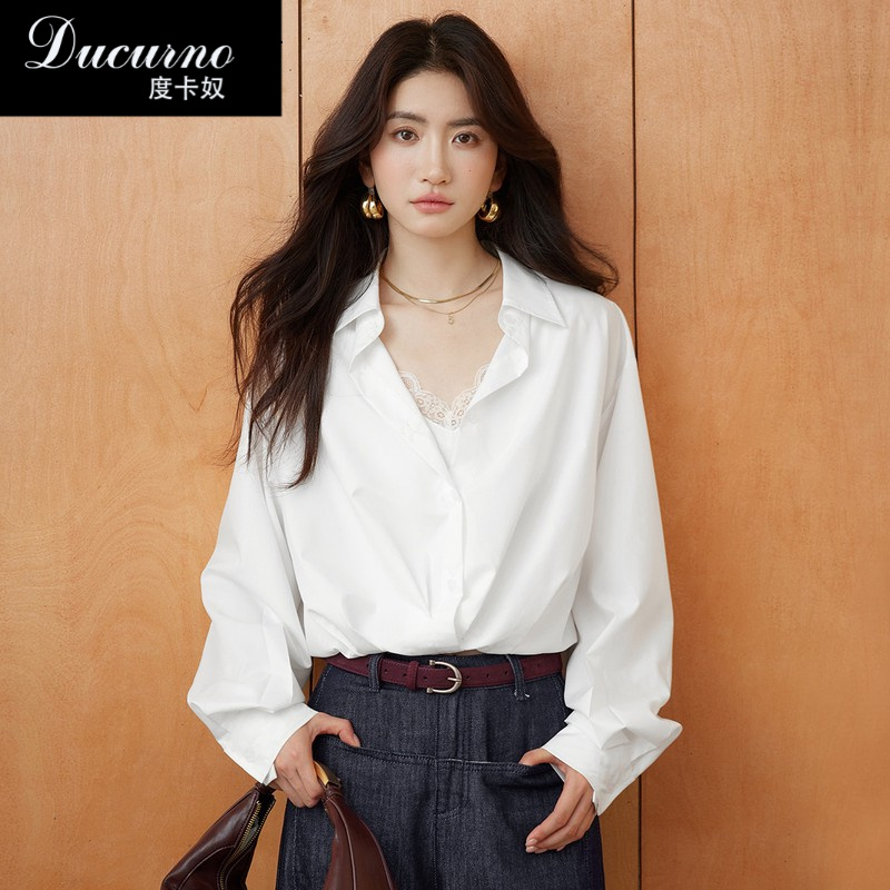 假两件长袖衬衫女2025秋季新款时尚百搭蕾丝拼接小众设计感衬衫